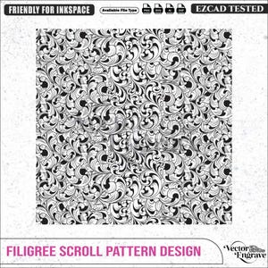 Pode incluir: Um gráfico digital em preto e branco apresentando um padrão denso e repetitivo de volutas de filigrana. A borda superior inclui o texto FRIENDLY FOR INKSPACE, Available File Type, PNG, SVG, AI, DXF e EZCAD TESTED. O texto inferior diz FILIGREE SCROLL PATTERN DESIGN.