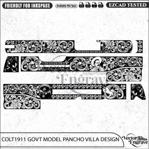 Könnte beinhalten: Eine schwarz-weiße digitale Vektordatei für ein Colt 1911 Government-Modell mit einem komplizierten floralen Rankenmuster, Porträts von Pancho Villa und Pferdemotiven. Das Design enthält die Textbeschriftungen: FRIENDLY FOR INKSPACE, EZCAD TESTED und COLT1911 GOVT MODEL PANCHO VILLA DESIGN.