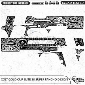 Könnte beinhalten: Eine schwarz-weiße Vektorgrafik für eine Colt Gold Cup Elite 38 Super Pancho Schusswaffe mit komplizierten floralen Rankengravuren und Porträts eines Mannes mit Sombrero. Das Layout enthält verschiedene Bauteilformen für die Gravur.