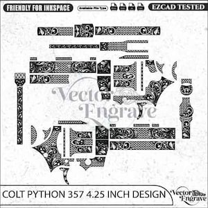 May include: A black and white digital vector design file for a Colt Python 357 4.25 inch revolver, featuring intricate floral scrollwork and cross-hatch patterns. The layout includes various component parts for engraving, with text labels at the top and bottom.