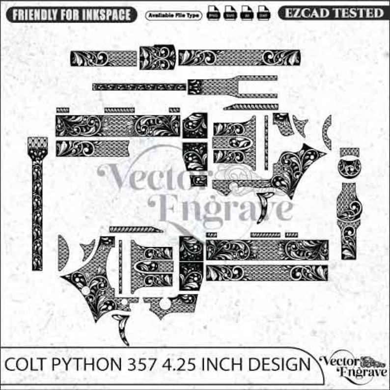 May include: A black and white digital vector design file for a Colt Python 357 4.25 inch revolver, featuring intricate floral scrollwork and cross-hatch patterns. The layout includes various component parts for engraving, with text labels at the top and bottom.