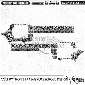 May include: A black and white digital vector graphic of a Colt Python 357 Magnum scroll design. The image features intricate floral and leaf patterns arranged in segments, with text labels including FRIENDLY FOR INKSPACE and EZCAD TESTED.