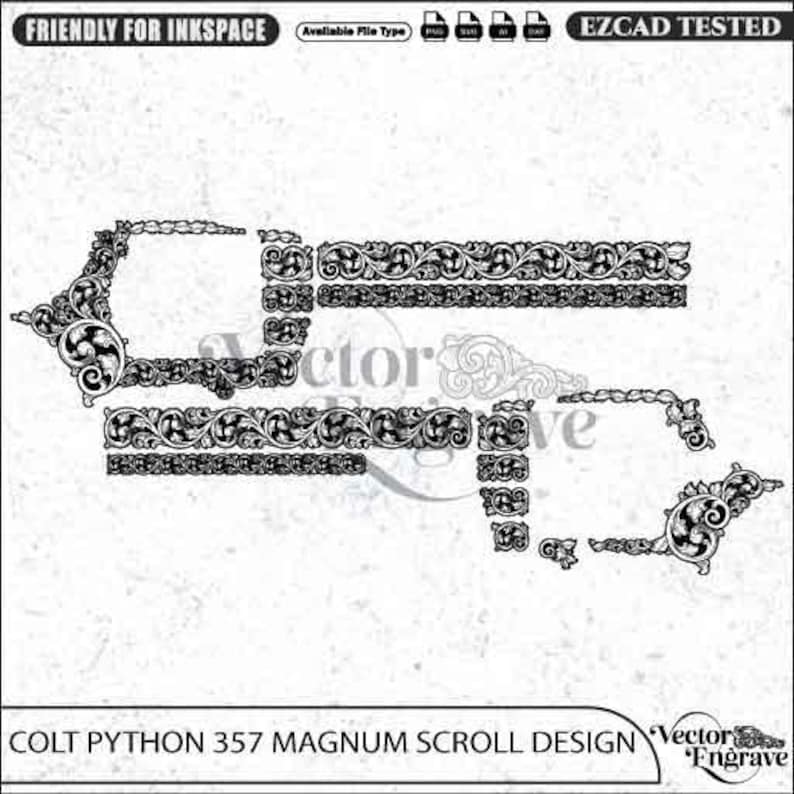 May include: A black and white digital vector graphic of a Colt Python 357 Magnum scroll design. The image features intricate floral and leaf patterns arranged in segments, with text labels including FRIENDLY FOR INKSPACE and EZCAD TESTED.
