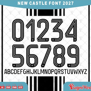 May include: A digital font set titled NEW CASTLE FONT 2027 featuring black numbers 0 through 9 and the alphabet A through Z in a bold, striped, multi-line style. The characters are displayed against a white background with black vertical stripes.