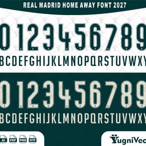 Peut inclure: Un ensemble de polices numériques intitulé REAL MADRID HOME AWAY FONT 2027, présentant deux séries de chiffres de 0 à 9 et l'alphabet de A à Z en vert foncé et beige clair. Les caractères ont un style athlétique gras avec un contour distinct.