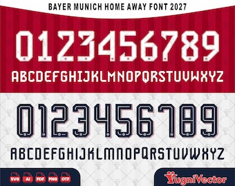 Könnte beinhalten: Ein digitales Schriftset mit dem Titel BAYER MUNICH HOME AWAY FONT 2027, das zwei Sätze alphanumerischer Zeichen enthält. Der obere Satz zeigt weiße Zahlen und Buchstaben auf rotem Hintergrund, während der untere Satz dunkelblaue Zeichen auf hellem Hintergrund darstellt.