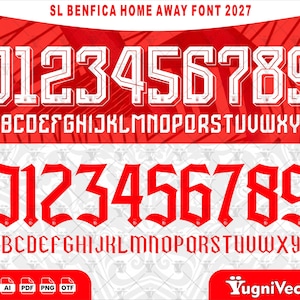 May include: A digital font set titled SL BENFICA HOME AWAY FONT 2027 featuring two distinct styles of numbers and letters. The top set displays white outlined characters with a 3D effect, while the bottom set features solid red characters.