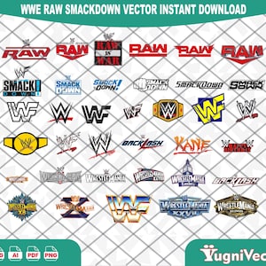May include: A collection of WWE Raw, SmackDown, WrestleMania, and various wrestling event logos in vector format. The graphic displays multiple iterations of brand text and symbols in red, blue, black, gold, and silver colors on a white grid background.