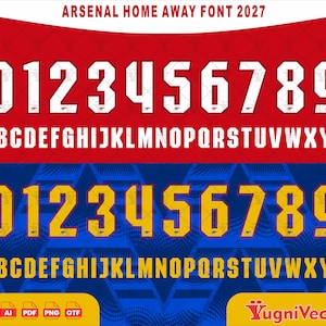 Peut inclure: Un ensemble de polices numériques intitulé ARSENAL HOME AWAY FONT 2027. La section supérieure affiche des chiffres blancs de 0 à 9 et des lettres majuscules A-Z sur fond rouge. La section inférieure montre des chiffres et lettres jaunes.