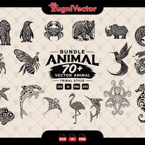 May include: A digital collection of over 70 black animal illustrations featuring intricate tribal-style patterns. The graphic includes a gorilla, penguin, crab, bear, rhino, chameleon, ram, bee, hummingbird, snake, starfish, dolphin, ray, flamingo, swordfish, octopus, and seahorse.