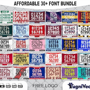 Puede incluir: Una colección digital titulada AFFORDABLE 30+ FONT BUNDLE que presenta varios conjuntos de tipografía de estilo deportivo. Cada bloque muestra los números 0-9 y caracteres alfabéticos en distintos colores, patrones y diseños. Incluye iconos de formato de archivo y la marca YugniVector.