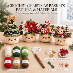May include: Crochet Christmas baskets pattern and materials set featuring four finished baskets with festive designs, including a tree, poinsettia, candy cane, and reindeer. Includes yarn, a crochet hook, beads, berries, wire, and charms.