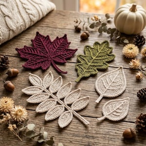 Häkelmuster-Set „Herbstliche Blätter“ (PDF), Ahorn-, Eichen- und Ebereschenblätter in Tropfenform, Herbst-Häkelmuster, Häkelblatt-Applikation, Dekoration für Thanksgiving