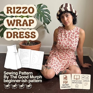 Peut inclure: Un patron de couture pour une robe portefeuille Rizzo, comprenant une robe sans manches couleur crème à motif floral rouge. Le produit numérique inclut des instructions PDF, des mises en page A4 et US Letter, et un croquis du modèle.