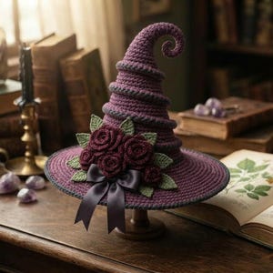 May include: A purple crocheted witch hat with a curled tip, featuring a cluster of dark purple crocheted roses and green leaves on the front. A dark grey satin ribbon is tied in a bow beneath the floral arrangement, adding detail to the hat.