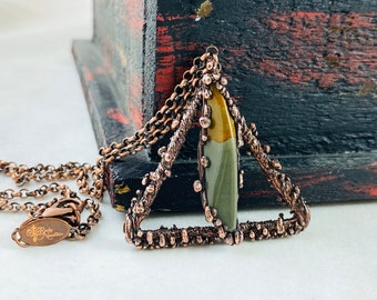 Electroformed triangle jasper necklace, copper necklace, electroplated jewelry, witchy, triangle pendant, jasper jewelry, gift
