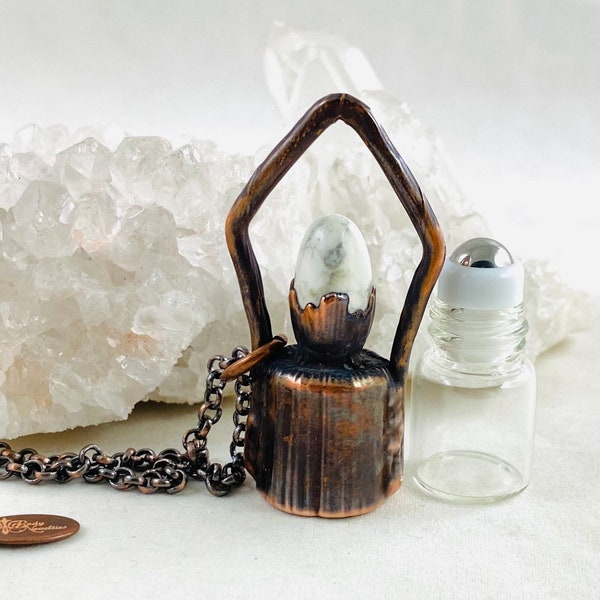 Roller bottle necklace, copper, diffuser, oil roller, electroformed, aromatherapy, potion, howlite gemstone