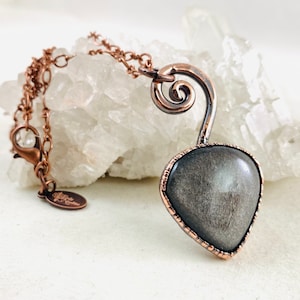 Silber Obsidian Punkt Halskette, Strudel Halskette, Kupfer Elektrogeformt, Pfeil Stein, Obsidian Schmuck, glänzender Stein, Boho