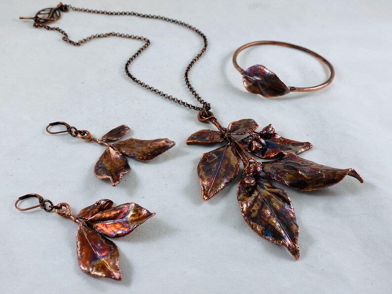Copper Jewelry Set REAL Organic Leaf Jewelry Set Fall Jewelry Leaf Bangle Bracelet Leaf Earrings Leaf Necklace Electroformed Leaves