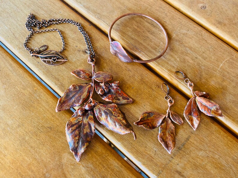 Copper Jewelry Set REAL Organic Leaf Jewelry Set Fall Jewelry Leaf Bangle Bracelet Leaf Earrings Leaf Necklace Electroformed Leaves