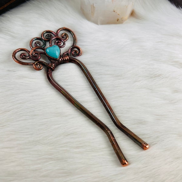 Copper electroformed gemstone hair pin, hair accessories, hair pieces, hair decorations, gemstone hair piece, turquoise heart swirl hairpin