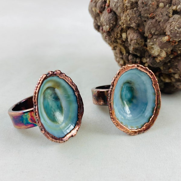 Blue limpet Shell ring, copper ring, copper electroplated ring, natural gemstone ring, blue jewelry, handmade ring