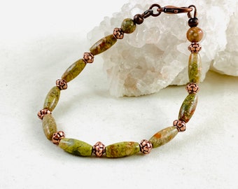 Unikite gemstone bracelet, green jewelry, boho style, copper bracelet, fashion, beaded. Bracelet