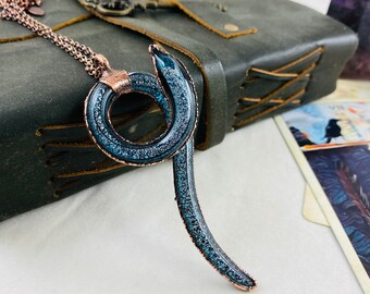 Blown glass snake and copper, blue snake  jewelry, am blown glass, copper electroformed, oddity, goth, witchy, snakes