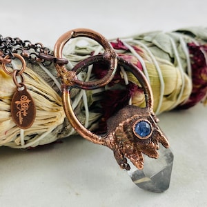 Electroformed quartz point with tanzanite, boho fashion, crystal, chunky crystal, witchy jewelry, mixed gemstone