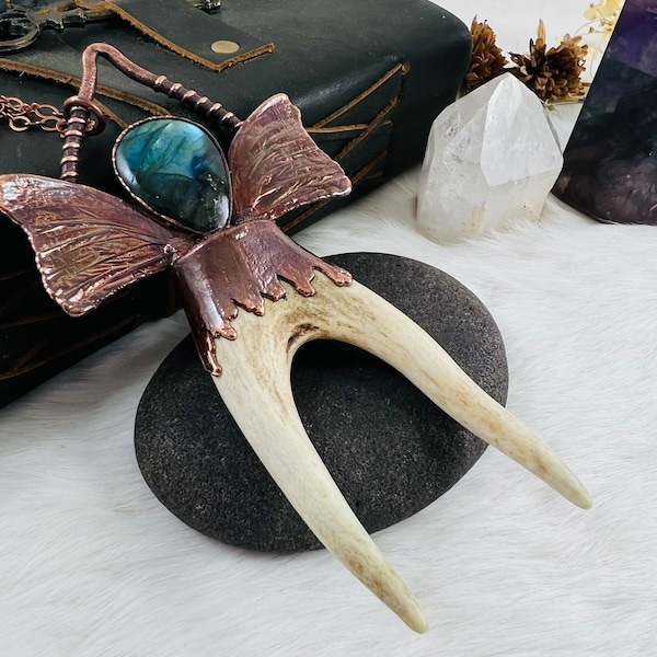 Double point Antler, real butterfly wings, labradorite electroformed, angler, oddity, antler tips, deer, witchy, boho, Viking, oddities