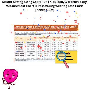 May include: A digital sewing sizing chart PDF titled Master Sewing Sizing Chart PDF | Kids, Baby & Women Body Measurement Chart | Dressmaking Wearing Ease Guide (Inches & CM). The chart displays infant body measurements in inches and centimeters.
