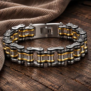 May include: A bracelet constructed from interlocking metal links that resemble a bicycle chain. The design features a combination of polished silver-tone metal and gold-tone accents, with a secure rectangular clasp mechanism at the center.