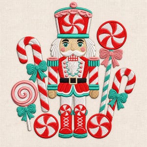 Broderidesign med nötknäppare till jul, polkagris och pepparmynta, maskinbroderifil med julsoldat (digital nedladdning)