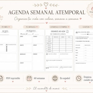 May include: A printable undated weekly planner template in Spanish featuring sections for monthly goals, weekly schedules, meal planning, and expense tracking. The layout includes 60 weeks of content with soft beige floral accents and clear black text headings.