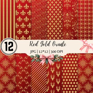 May include: A digital collection of 12 red and gold patterned backgrounds featuring fleur-de-lis, damask, stripes, polka dots, and deer silhouettes. The image includes the text Red Gold Ornate, JPG, 12*12, 300 DPI, and decorative pink bows.