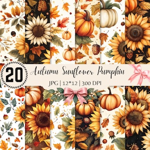 Peut inclure: Une collection numérique de 20 motifs sur le thème de l'automne avec des tournesols, des citrouilles et des feuilles mortes dans des tons orange, jaune et brun. L'image inclut le texte 20 Autumn Sunflower Pumpkin JPG | 12*12 | 300 DPI et un ruban rose.