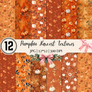 Könnte beinhalten: Eine digitale Sammlung von 12 Pumpkin Harvest Texturen mit verschiedenen orangefarbenen und weißen Kürbisillustrationen, Herbstblättern und Ranken. Das Bild enthält den Text Pumpkin Harvest textures, JPG, 12*12, 300 DPI und rosa Schleifen.