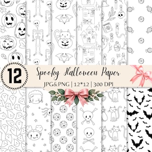 May include: A digital collection of 12 Spooky Halloween Paper patterns in JPG and PNG formats, featuring black and white line art illustrations of pumpkins, skeletons, cats, bats, haunted houses, skulls, ghosts, and eyeballs on a white background.