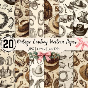 May include: A digital paper set featuring 20 vintage cowboy western patterns with illustrations of hats, ropes, and saddles in brown and cream tones. The text reads 20 Vintage Cowboy Western Paper JPG 12x12 300 DPI with a pink bow graphic.