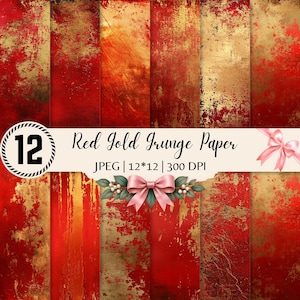 May include: A collection of twelve digital papers featuring red and gold grunge textures. The central banner displays the text 12 Red Gold Grunge Paper, JPEG | 12*12 | 300 DPI, decorated with a pink bow and green leaves.