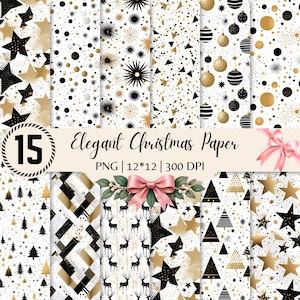 May include: A collection of 15 digital paper patterns featuring black, white, and gold designs including stars, Christmas ornaments, deer, and trees. The image includes the text 15 Elegant Christmas Paper PNG | 12*12 | 300 DPI with a pink bow.