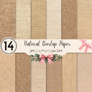 Può includere: Una collezione di 14 carte digitali con varie texture di iuta naturale in tonalità beige, marrone e sabbia. L'immagine include il testo 14 Natural Burlap Paper, JPG | 12*12 | 300 DPI, decorato con fiocchi rosa e foglie verdi.