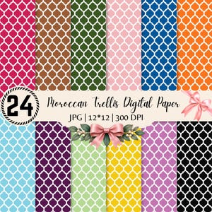 Pode incluir: Uma coleção de 24 papéis digitais com um padrão de treliça marroquina em várias cores, incluindo rosa, castanho, verde, rosa claro, azul, laranja, azul claro, roxo, verde claro, amarelo, lavanda e preto com linhas e texto em branco.