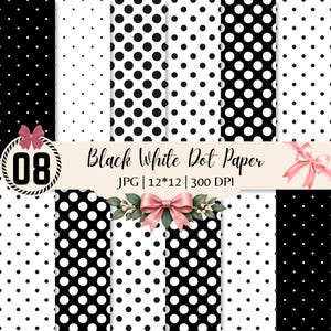 May include: A collection of digital paper patterns featuring various black and white polka dot designs. The image includes the text 08, Black White Dot Paper, JPG, 12*12, and 300 DPI, decorated with pink bows and green leaves on a cream banner.