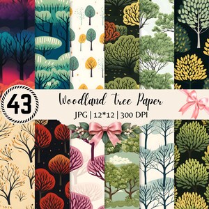 Può includere: Una collezione digitale di 43 motivi di carta con alberi del bosco, caratterizzata da diverse scene forestali con varie forme e colori di alberi, tra cui fogliame rosso, giallo, verde e blu su sfondi scuri e chiari, etichettata Woodland Tree Paper.