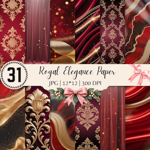 May include: A collection of 31 digital paper designs featuring deep red and gold colour palettes. Patterns include ornate damask motifs, flowing velvet-like drapes, abstract swirling textures, and sparkling glitter accents. Text reads Royal Elegance Paper.