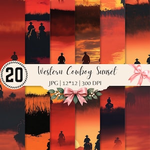 May include: A digital collection of 20 Western Cowboy Sunset themed backgrounds featuring silhouettes of cowboys on horseback against vibrant orange and red sunset skies. The image includes the text 20 Western Cowboy Sunset, JPG, 12*12, 300 DPI.