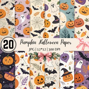 May include: A digital collection of 20 Pumpkin Halloween Paper patterns featuring orange jack-o'-lanterns, white ghosts, black bats, spiderwebs, and witch hats on various backgrounds. The text reads 20 Pumpkin Halloween Paper JPG 12*12 300 DPI.