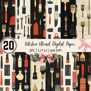 Può includere: Una collezione di carta digitale con vari utensili da cucina, tra cui forchette, spatole e pennelli nei colori rosso, nero e crema. L'immagine include il testo 20 Kitchen Utensil Digital Paper, JPG, 12*12, 300 DPI.