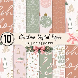 May include: A collection of 10 digital paper sheets featuring Christmas themes in muted pink, sage green, and white. Patterns include hand-drawn pine trees, snowflakes, ornaments, candy canes, string lights, and text reading Ho Ho Ho and Christmas Time.